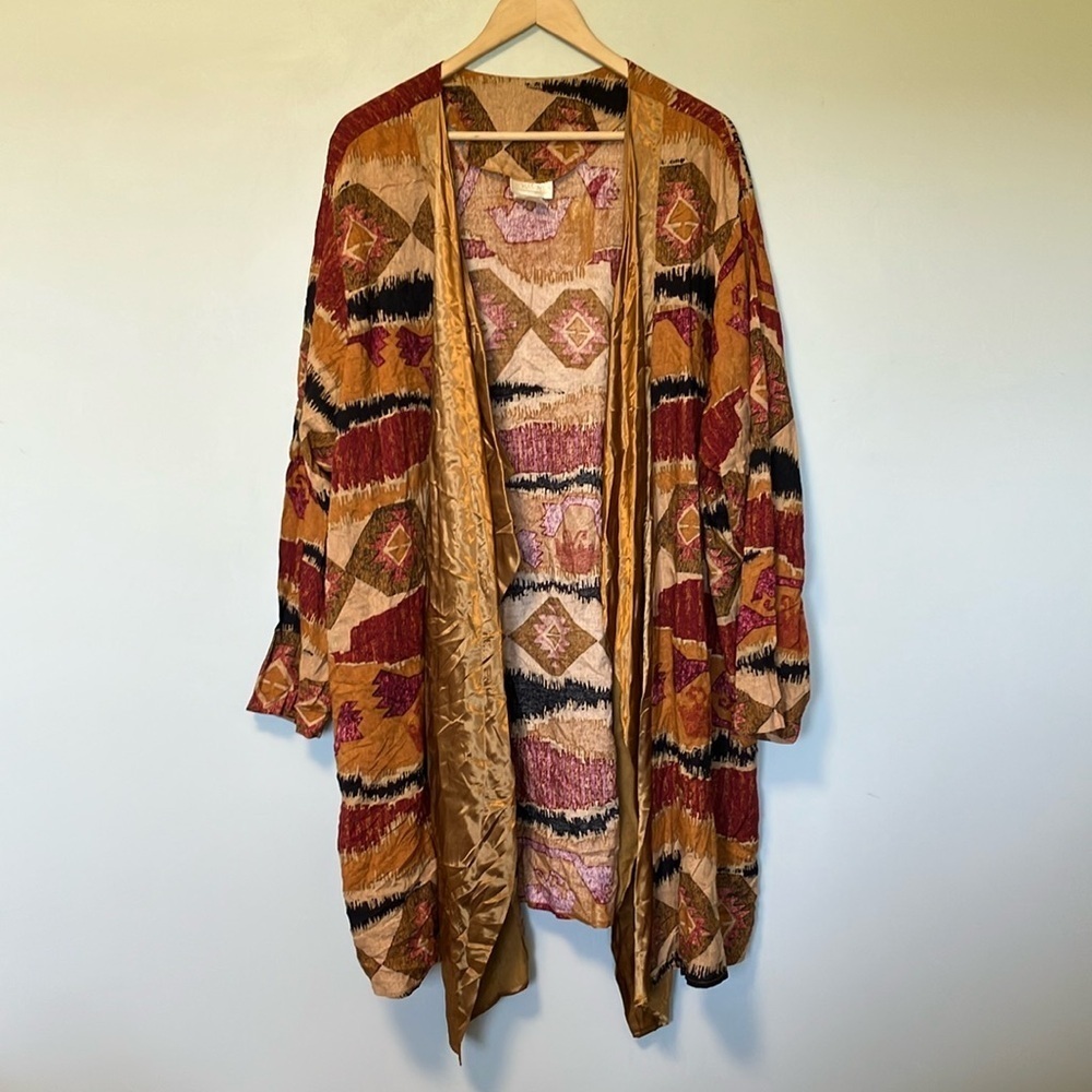 Roaman’s Vintage Bohemian Multicolor Gold Open Front Kimono made in USA